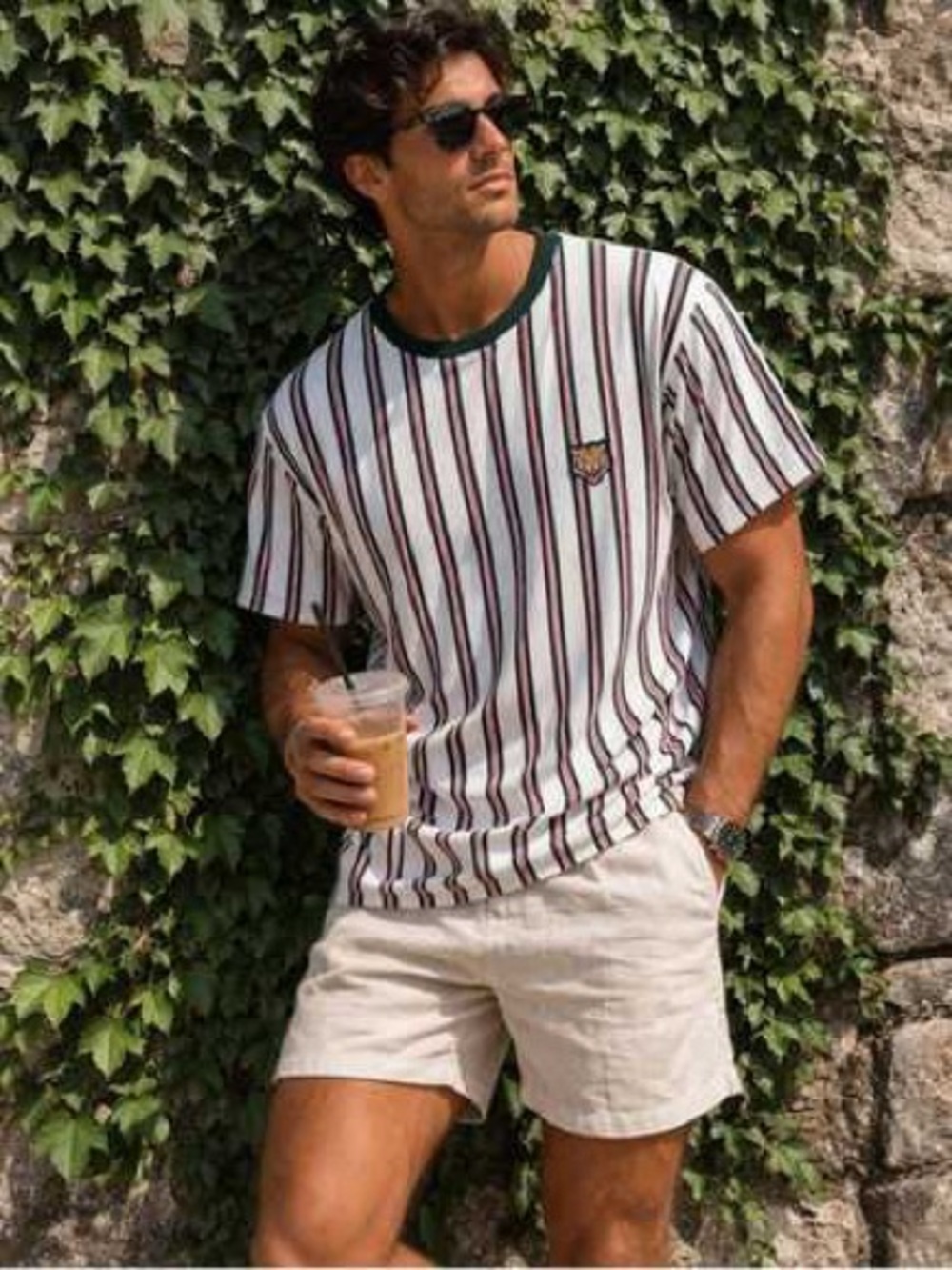 Striped Ringer Tee with Chest Patch - White & Green